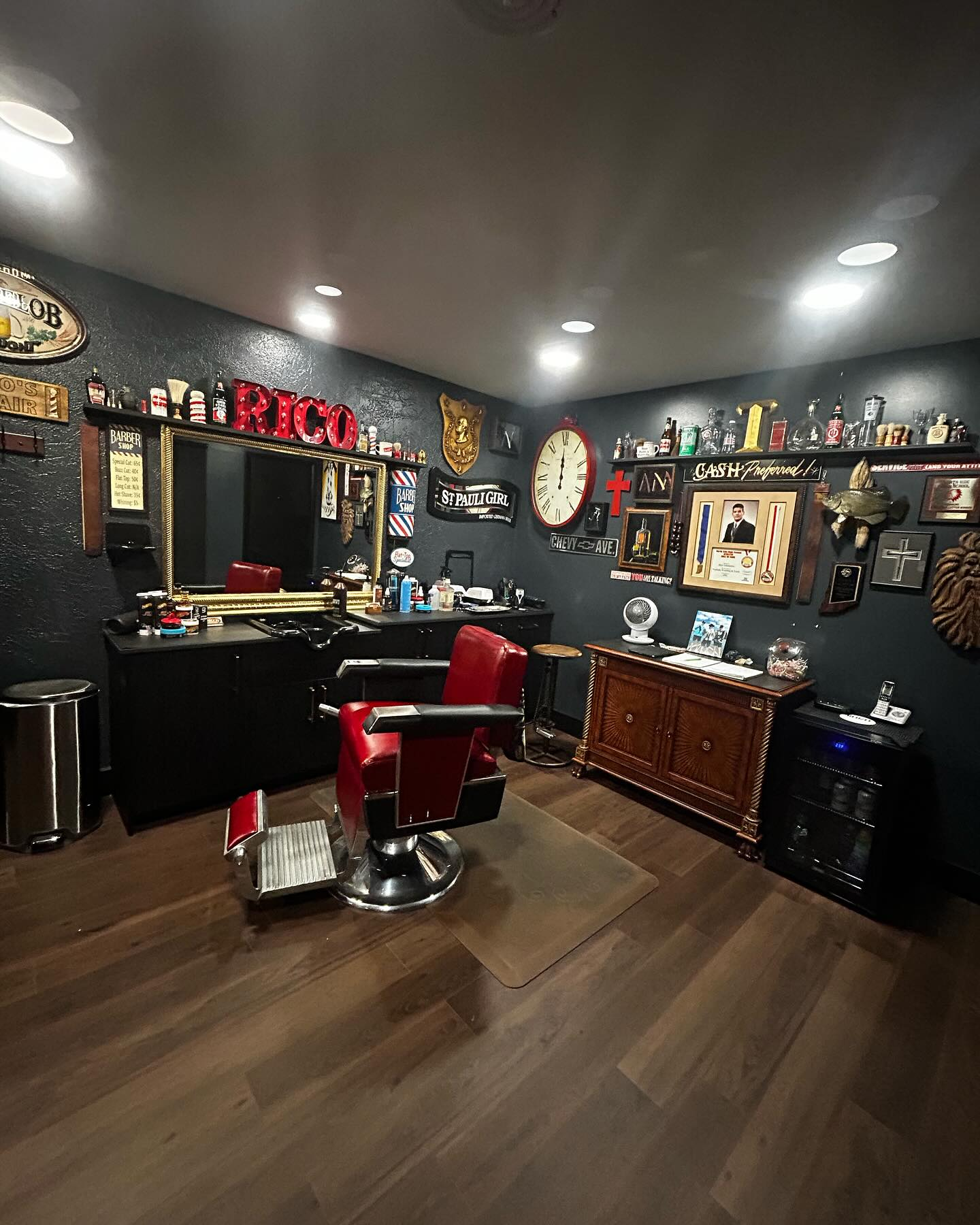 Barber station with red chair